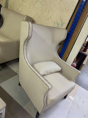2XL Furniture & Home Decor Pair of Off-White Studded Wingback Armchairs - Like New