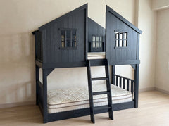 Pottery Barn Kids Charcoal Wooden Treehouse Bunk Bed with Mattresses - Used