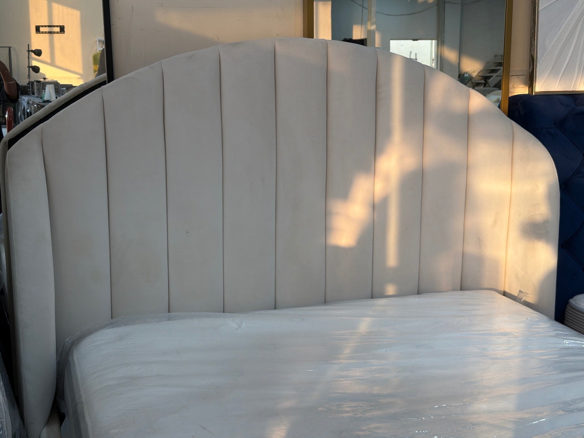 Home Center Beige Upholstered Bed Frame with Curved Headboard - Gently Used