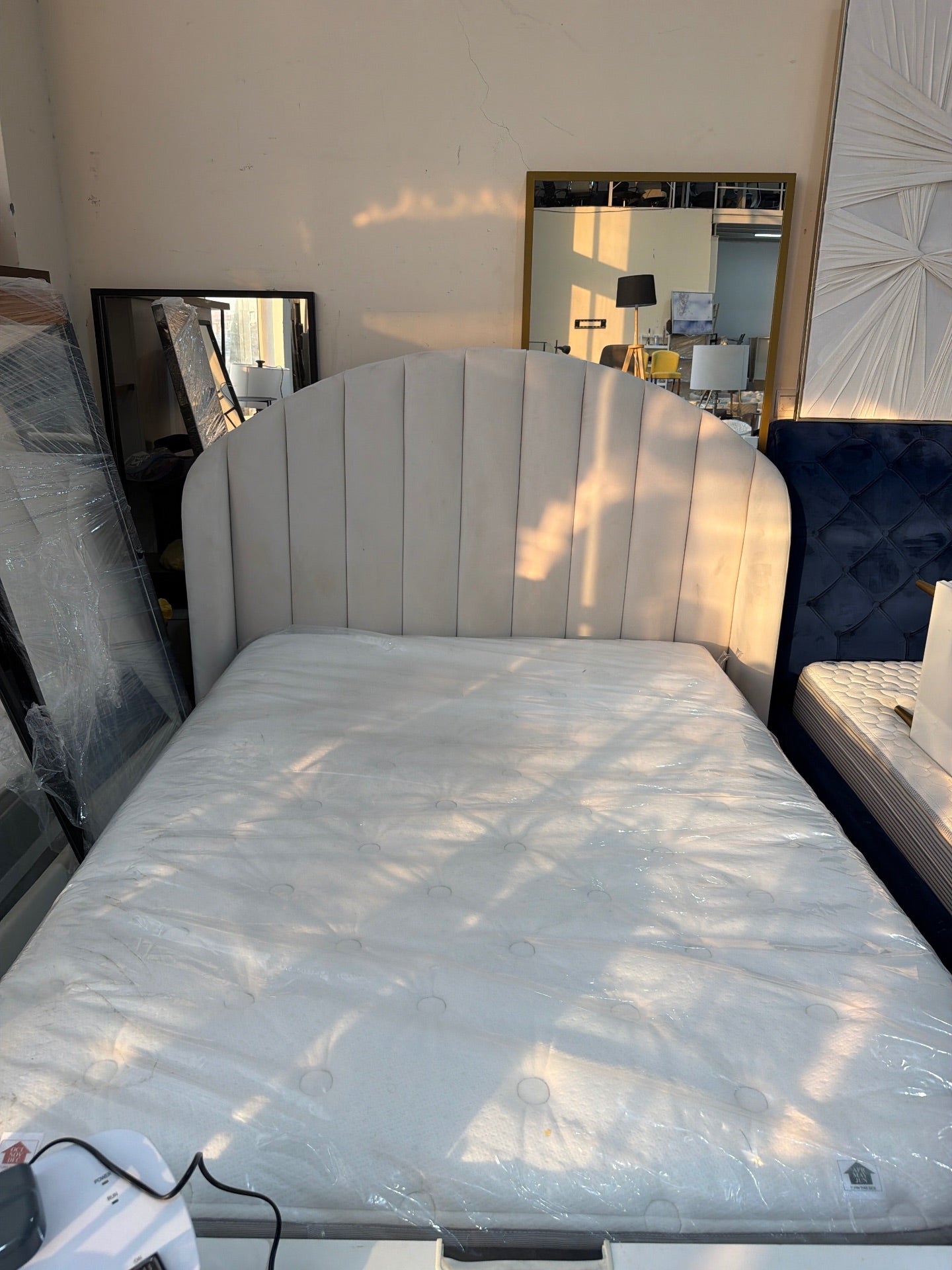 Home Center Beige Upholstered Bed Frame with Curved Headboard - Gently Used