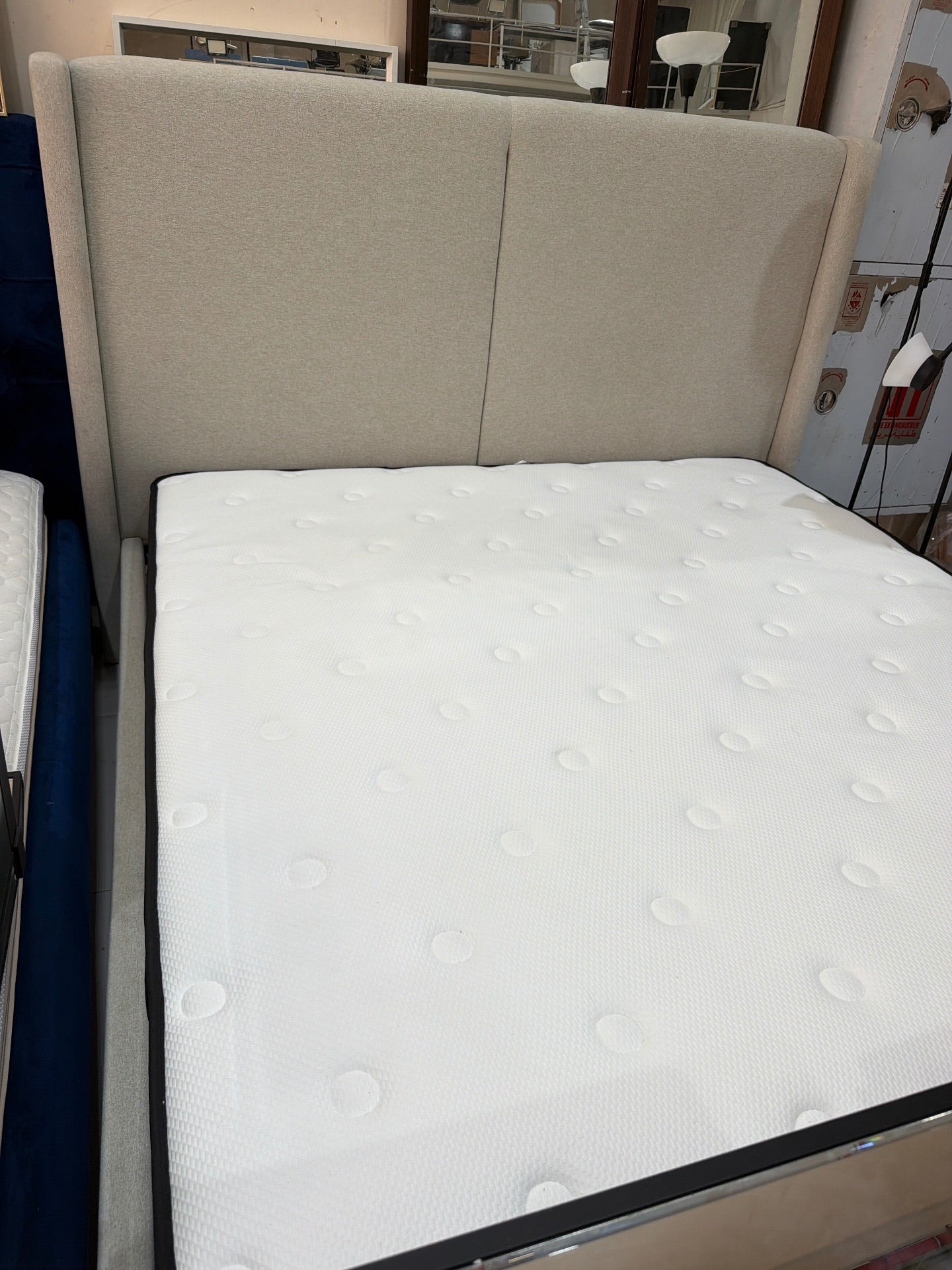 Beige Upholstered Bed with Mattress - Gently Used