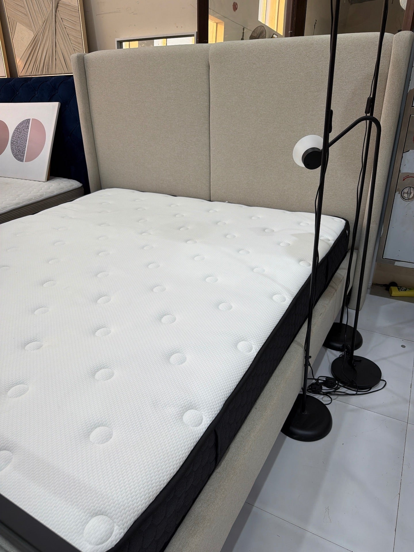 Beige Upholstered Bed with Mattress - Gently Used