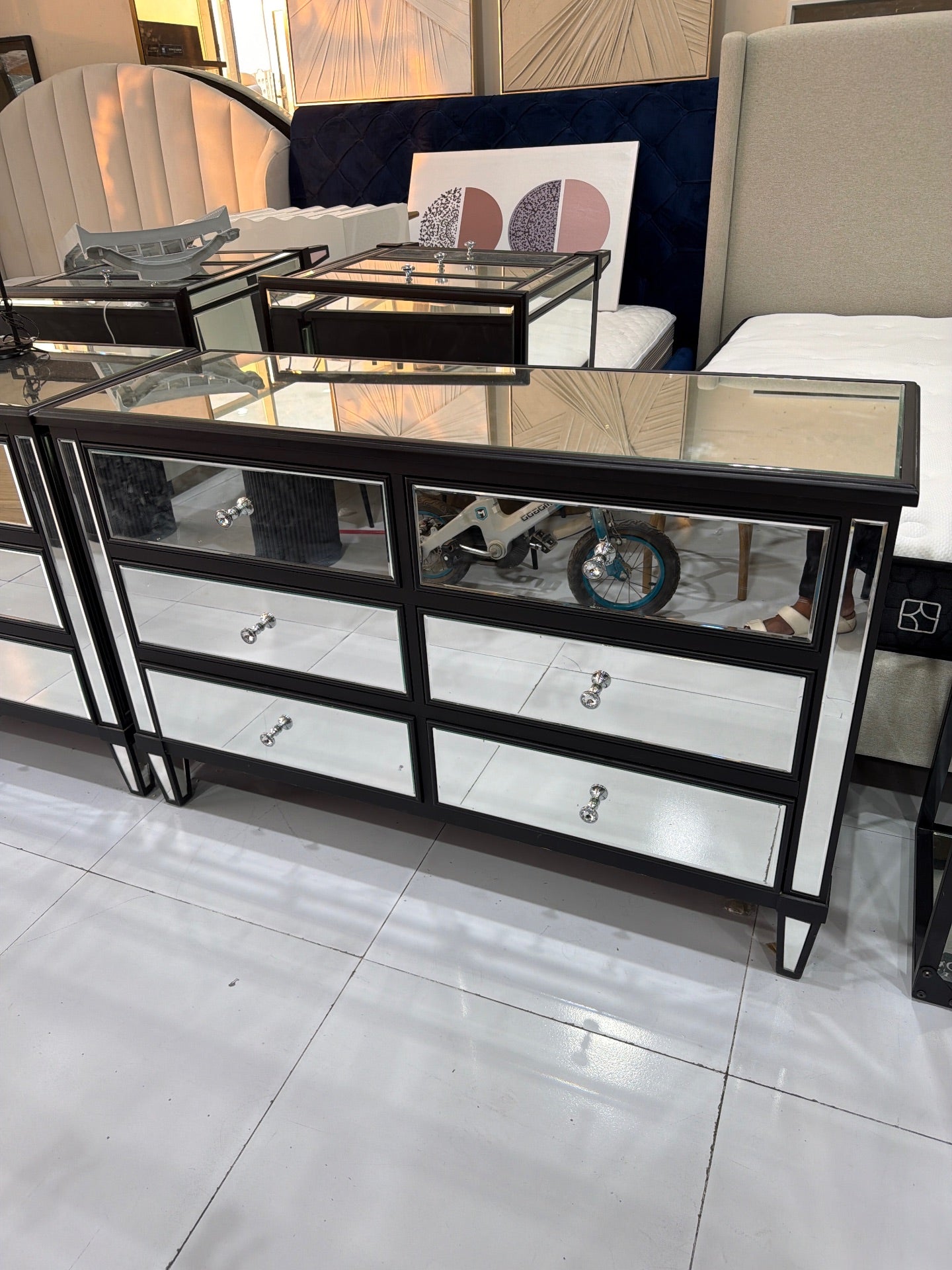 Mirrored and Grey Fabric Bedroom Set with Mattress - Gently Used