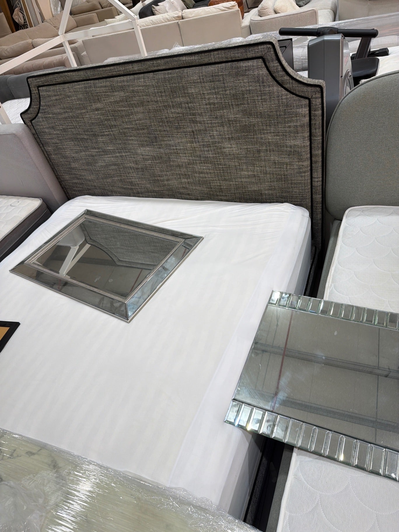 Mirrored and Grey Fabric Bedroom Set with Mattress - Gently Used