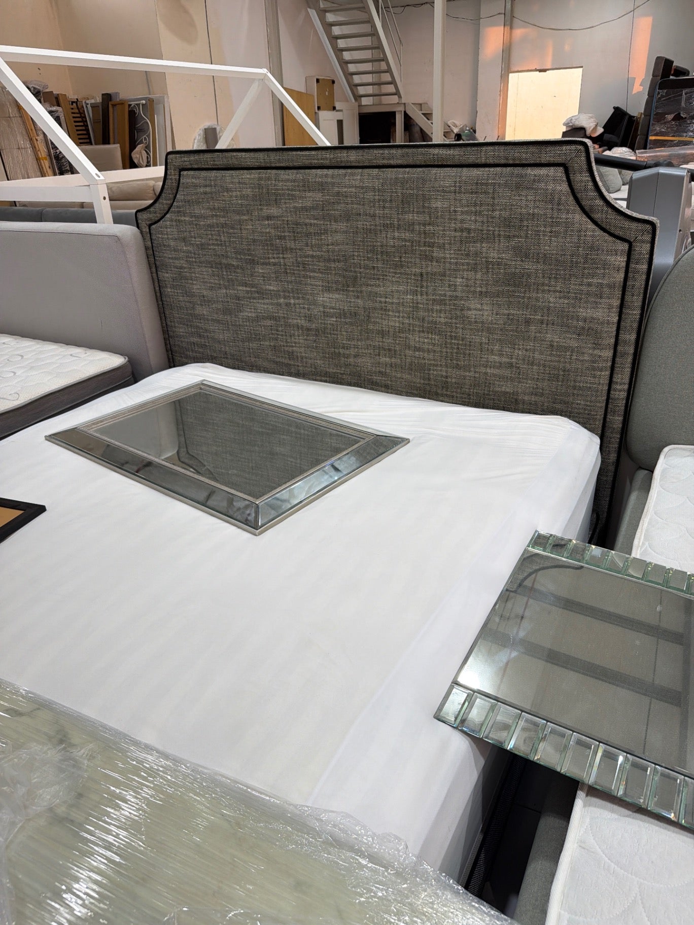 Mirrored and Grey Fabric Bedroom Set with Mattress - Gently Used