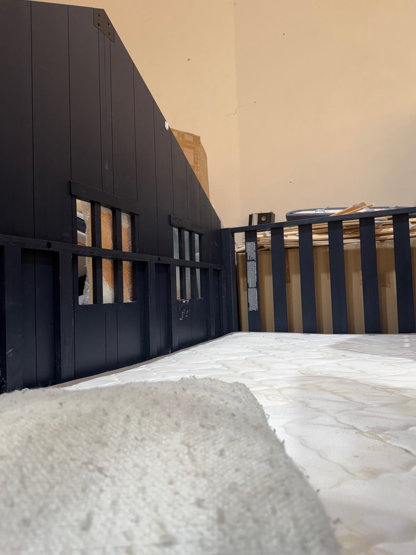 Pottery Barn Kids Charcoal Wooden Treehouse Bunk Bed with Mattresses - Used