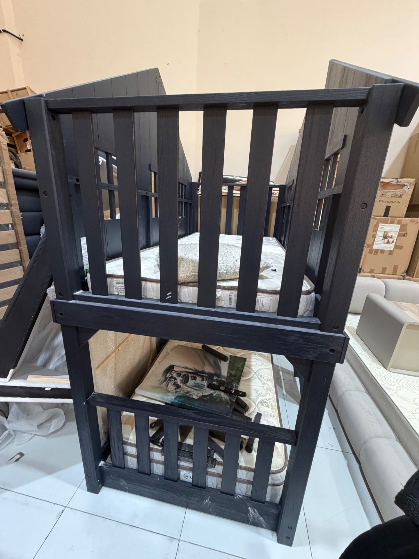 Pottery Barn Kids Charcoal Wooden Treehouse Bunk Bed with Mattresses - Used