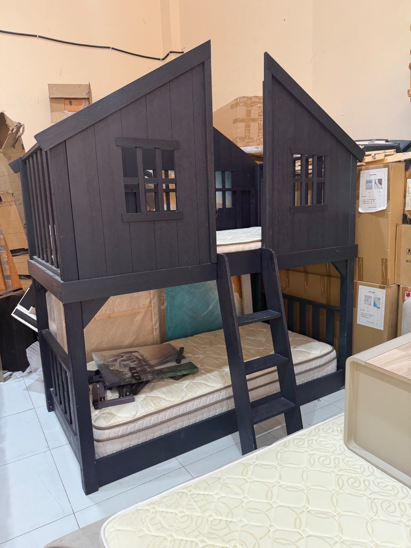 Pottery Barn Kids Charcoal Wooden Treehouse Bunk Bed with Mattresses - Used