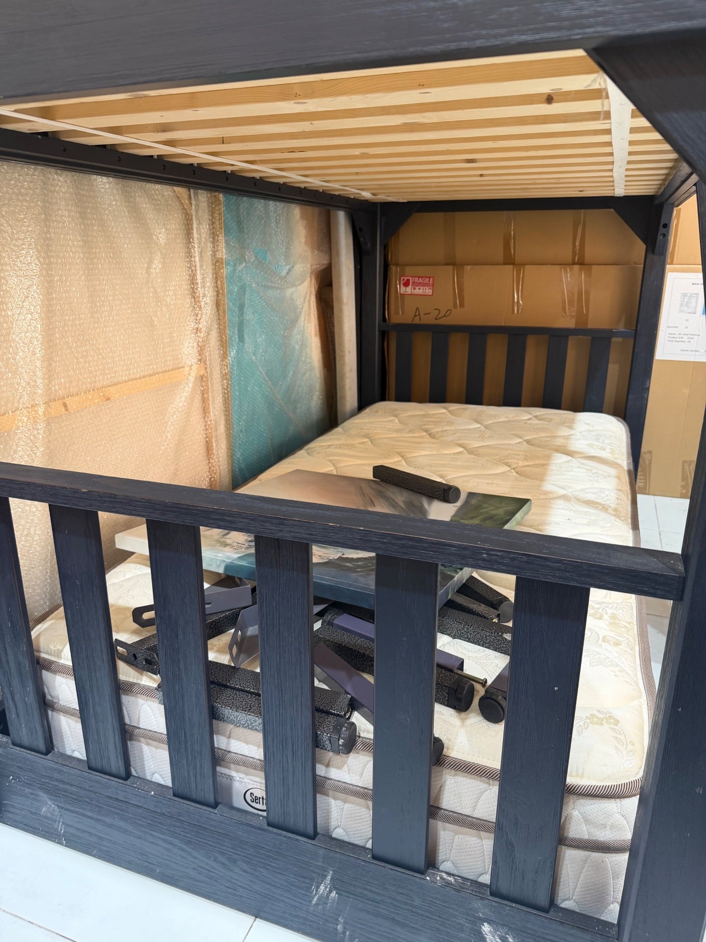 Pottery Barn Kids Charcoal Wooden Treehouse Bunk Bed with Mattresses - Used