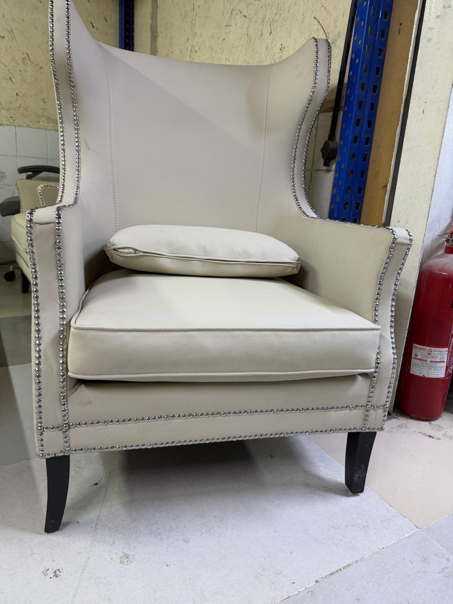 2XL Furniture & Home Decor Pair of Off-White Studded Wingback Armchairs - Like New