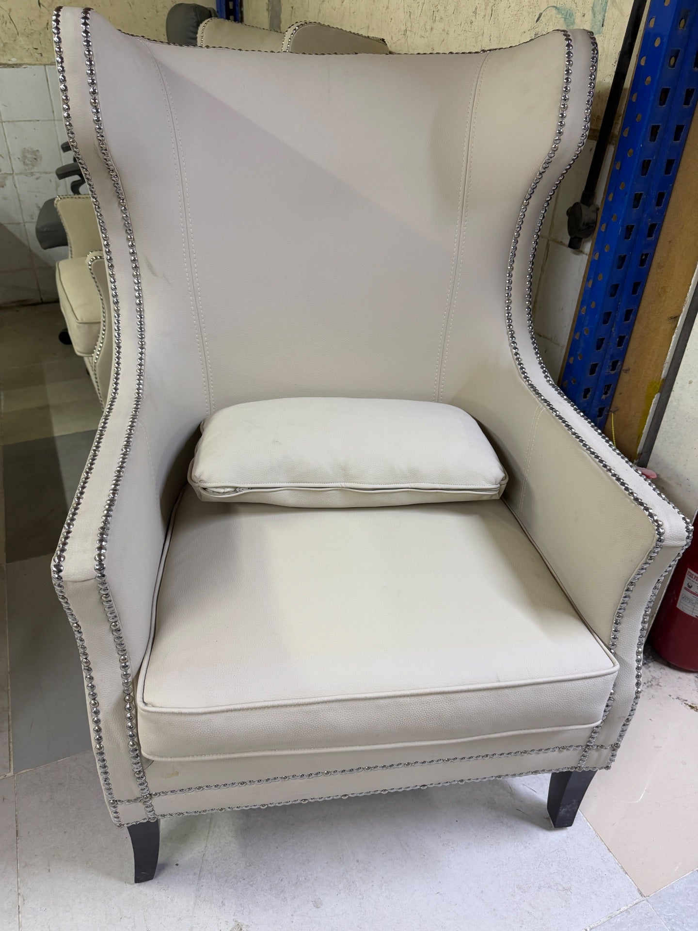 2XL Furniture & Home Decor Pair of Off-White Studded Wingback Armchairs - Like New