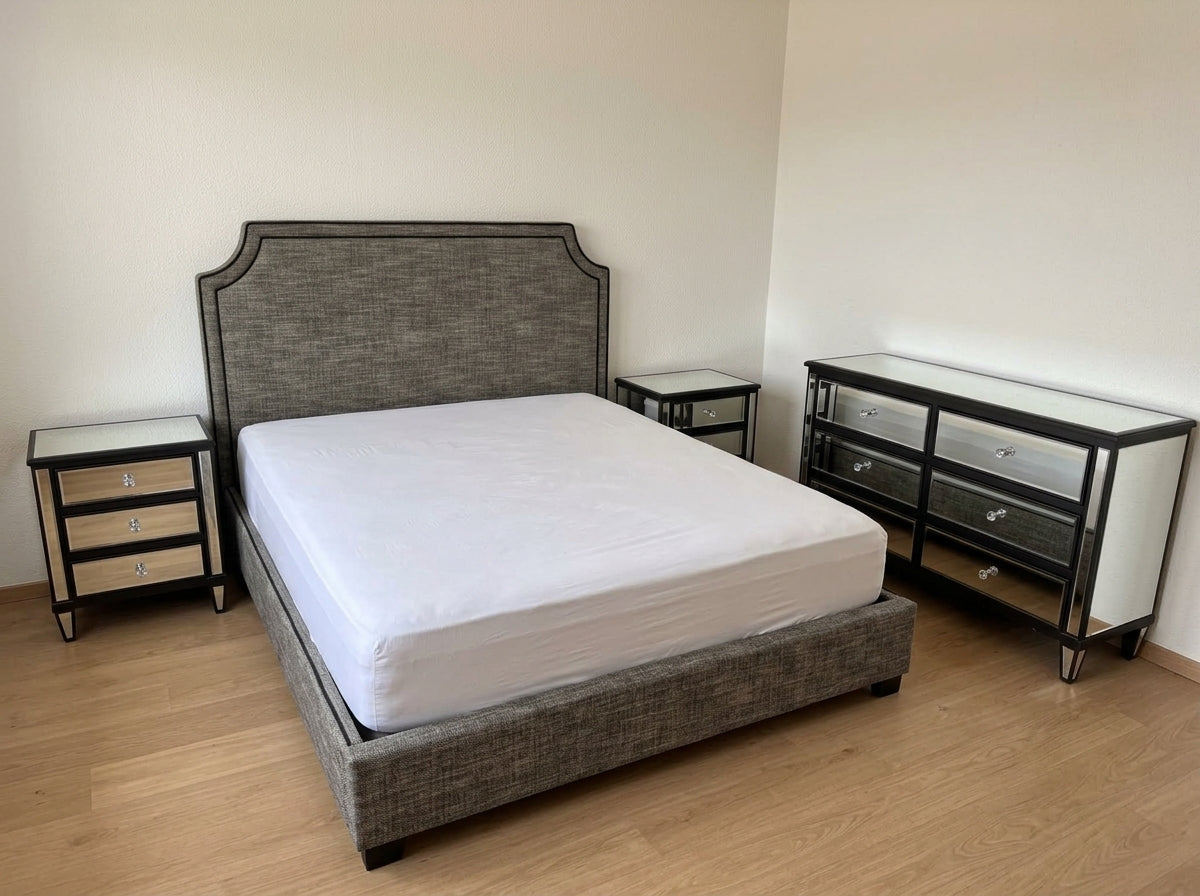 Mirrored and Grey Fabric Bedroom Set with Mattress - Gently Used